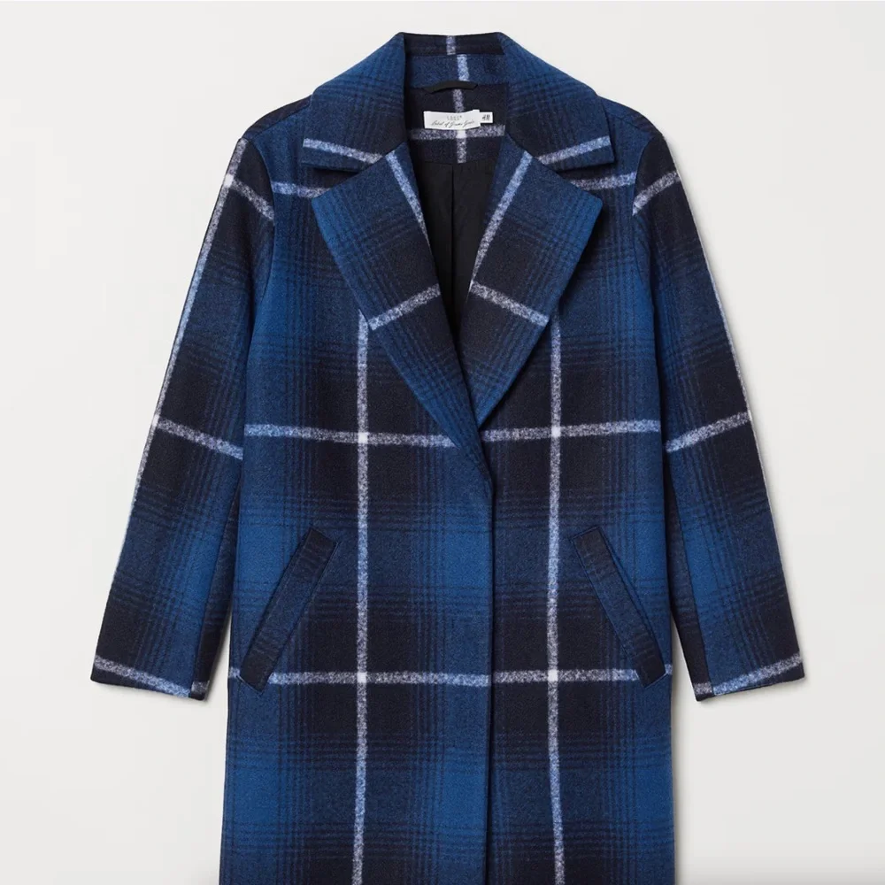 H&M Felted Oversized Coat Check Plaid Dark Blue Size M Bloggers' Favorite - Picture 2 of 15